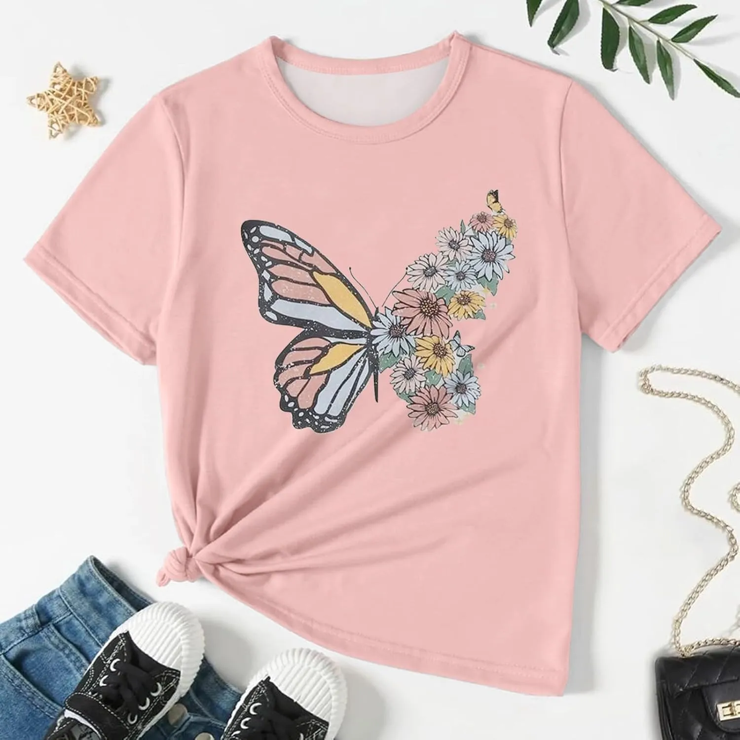 Casual Short Sleeve T-Shirt for Girls,Cute Print Cotton Crewneck Short Sleeve Tees Basic Tees Outfits Tops