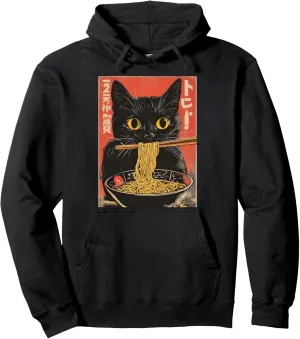 Cat Ramen Japanese Funny Graphic Anime Tees Kawaii Cat Women Pullover Hoodie