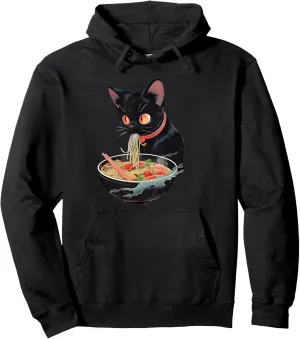 Cat Ramen Japanese Funny Graphic Anime Tees Kawaii Cat Women Pullover Hoodie