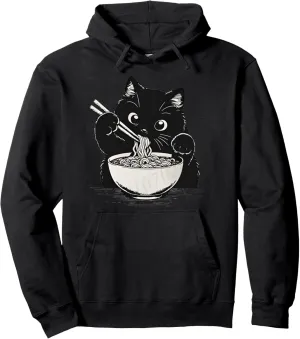 Cat Ramen Japanese Funny Graphic Anime Tees Kawaii Cat Women Pullover Hoodie