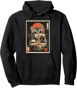 Cat Ramen Japanese Funny Graphic Anime Tees Kawaii Cat Women Pullover Hoodie