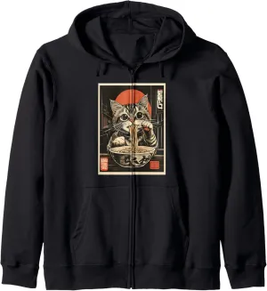 Cat Ramen Japanese Funny Graphic Anime Tees Kawaii Cat Women Zip Hoodie