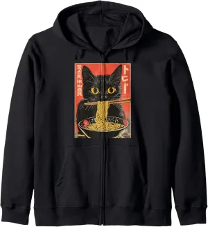 Cat Ramen Japanese Funny Graphic Anime Tees Kawaii Cat Women Zip Hoodie