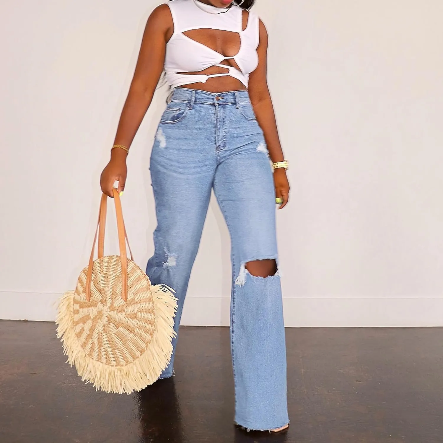 cffvdiz Women's Baggy Ripped Straight Jeans Washed Distressed Raw Hem Wide Leg Denim Pants