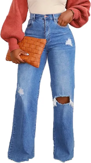 cffvdiz Women's Baggy Ripped Straight Jeans Washed Distressed Raw Hem Wide Leg Denim Pants