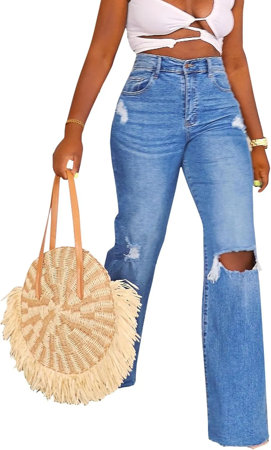 cffvdiz Women's Baggy Ripped Straight Jeans Washed Distressed Raw Hem Wide Leg Denim Pants
