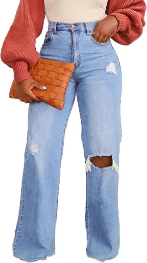 cffvdiz Women's Baggy Ripped Straight Jeans Washed Distressed Raw Hem Wide Leg Denim Pants