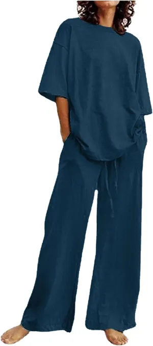 Cotton Linen 2 Piece Set for Women Summer Fall Outfits Plus Size Short Sleeve Shirts and Long Pants, Large