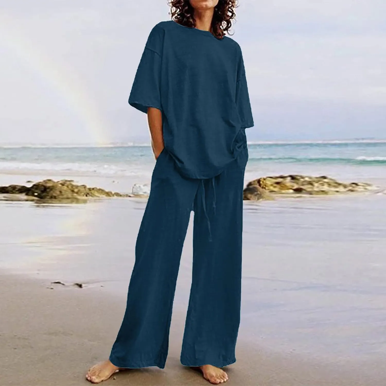 Cotton Linen 2 Piece Set for Women Summer Fall Outfits Plus Size Short Sleeve Shirts and Long Pants, Large