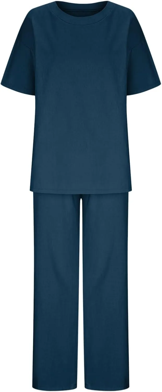 Cotton Linen 2 Piece Set for Women Summer Fall Outfits Plus Size Short Sleeve Shirts and Long Pants, Large