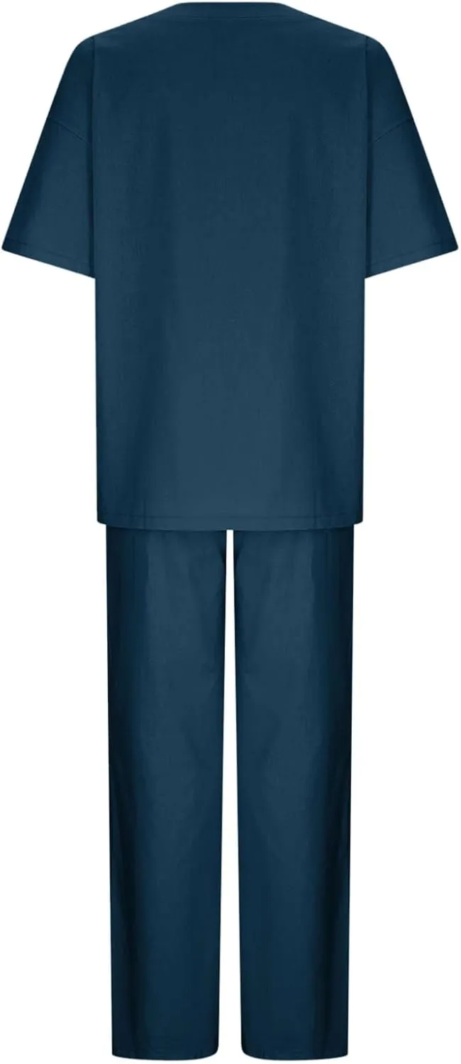 Cotton Linen 2 Piece Set for Women Summer Fall Outfits Plus Size Short Sleeve Shirts and Long Pants, Large