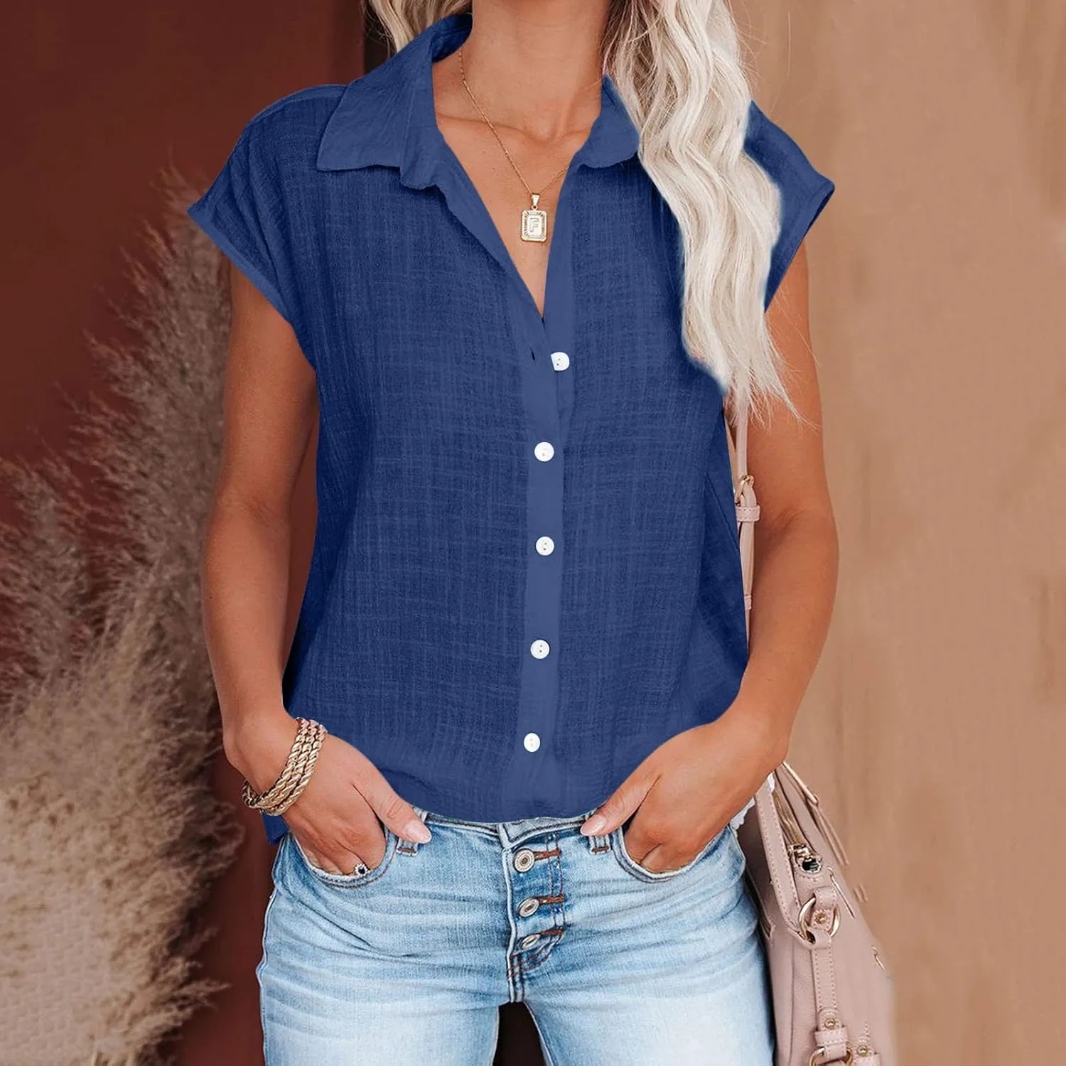 Cotton Linen Cap Sleeve T Shirts for Women V Neck Button Down Shirts Summer Blouses 2025 Trendy Solid Cute Tshirts