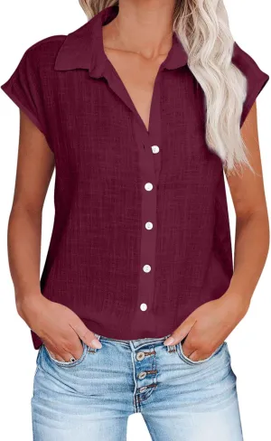 Cotton Linen Cap Sleeve T Shirts for Women V Neck Button Down Shirts Summer Blouses 2025 Trendy Solid Cute Tshirts