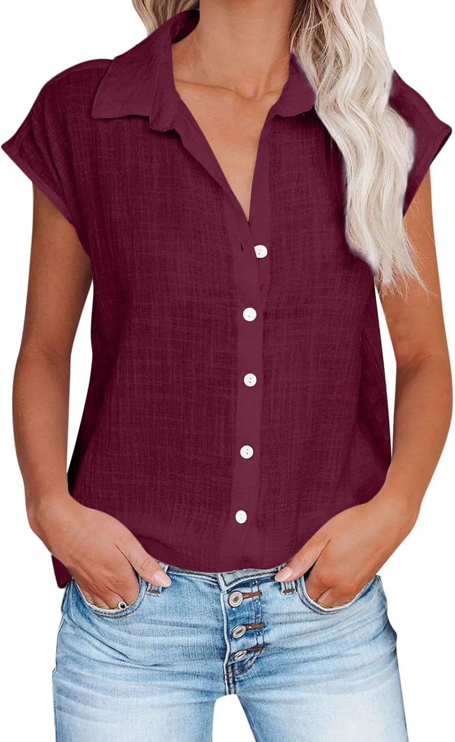 Cotton Linen Cap Sleeve T Shirts for Women V Neck Button Down Shirts Summer Blouses 2025 Trendy Solid Cute Tshirts
