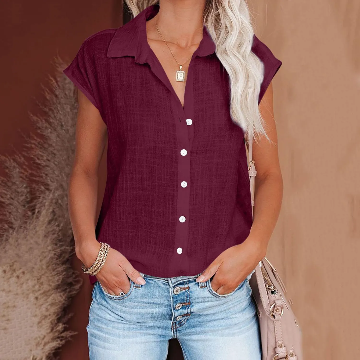 Cotton Linen Cap Sleeve T Shirts for Women V Neck Button Down Shirts Summer Blouses 2025 Trendy Solid Cute Tshirts
