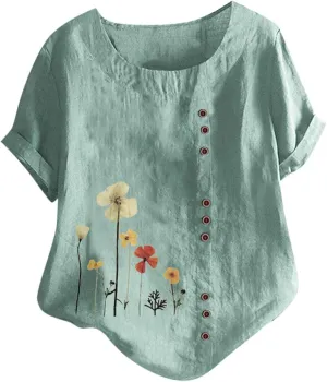 Cotton Linen Tops for Womens 2024 Crewneck Roll Up Short Sleeve Tshirt Trendy Floral Print Casual Loose Fitted Blouse
