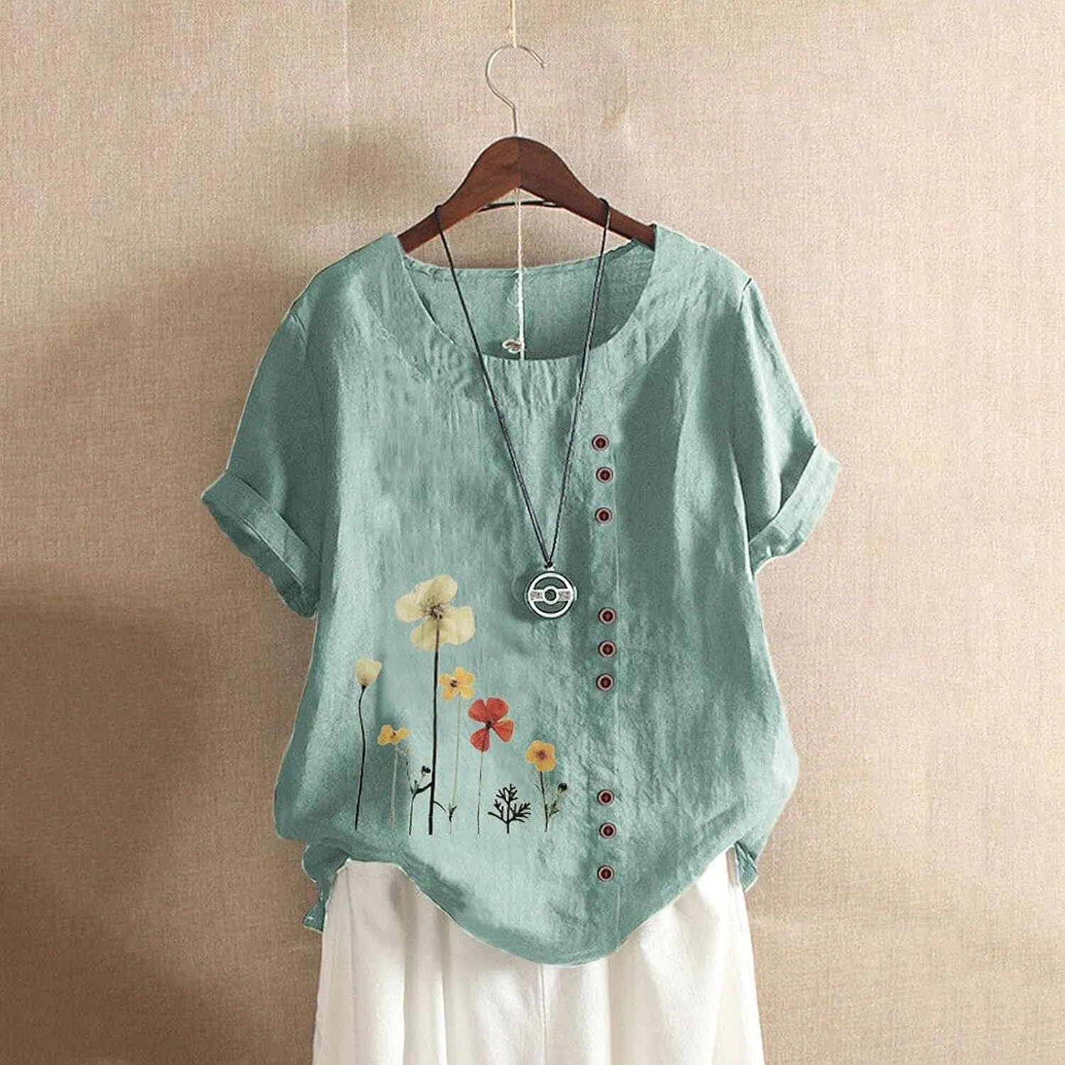 Cotton Linen Tops for Womens 2024 Crewneck Roll Up Short Sleeve Tshirt Trendy Floral Print Casual Loose Fitted Blouse