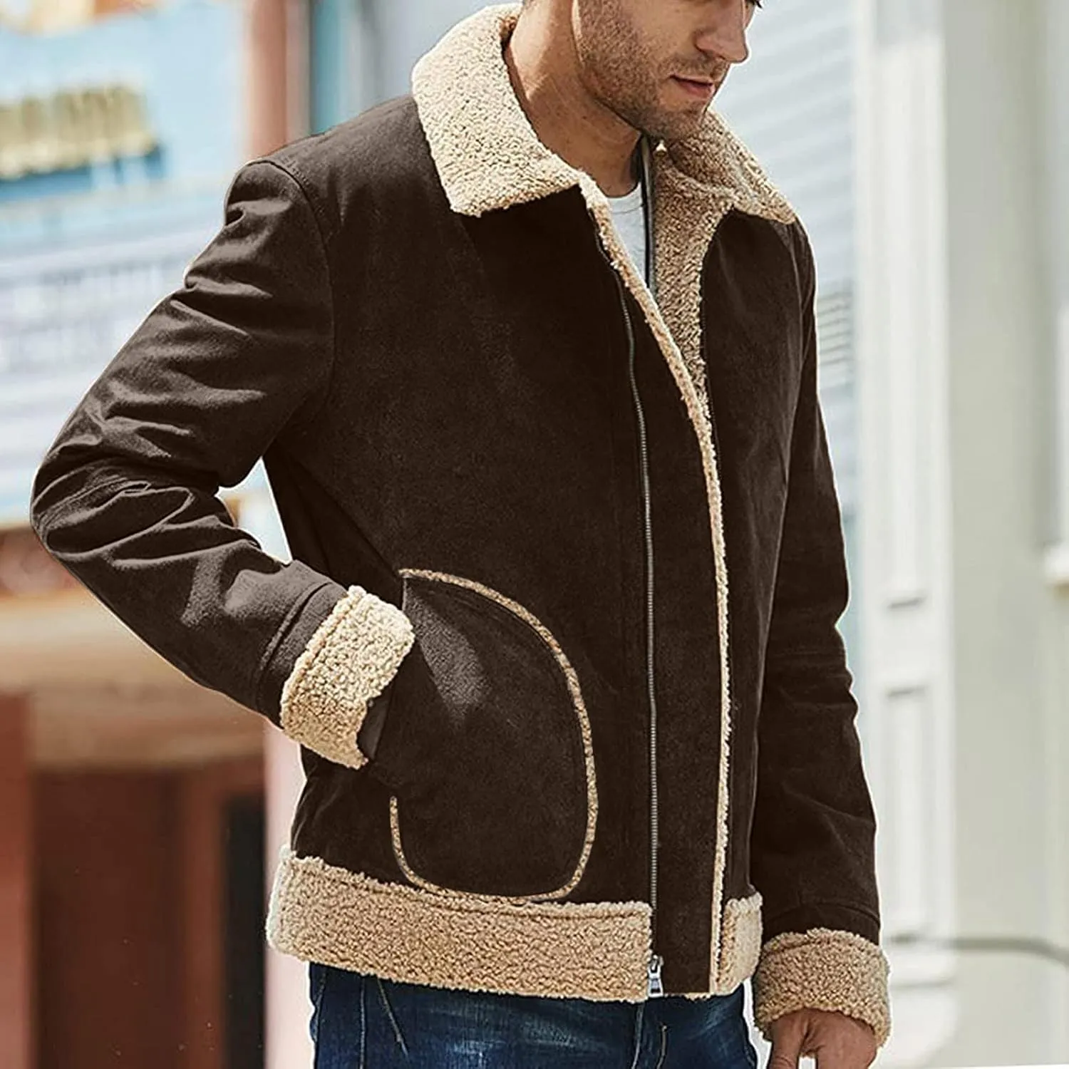 CRNTCEM Mens Shearling Sheepskin Leather Jacket Classic Brown Cotton Turn-Down Collar Sherpa Lined Warm Winter Casual Coats