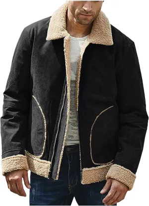 CRNTCEM Mens Shearling Sheepskin Leather Jacket Classic Brown Cotton Turn-Down Collar Sherpa Lined Warm Winter Casual Coats