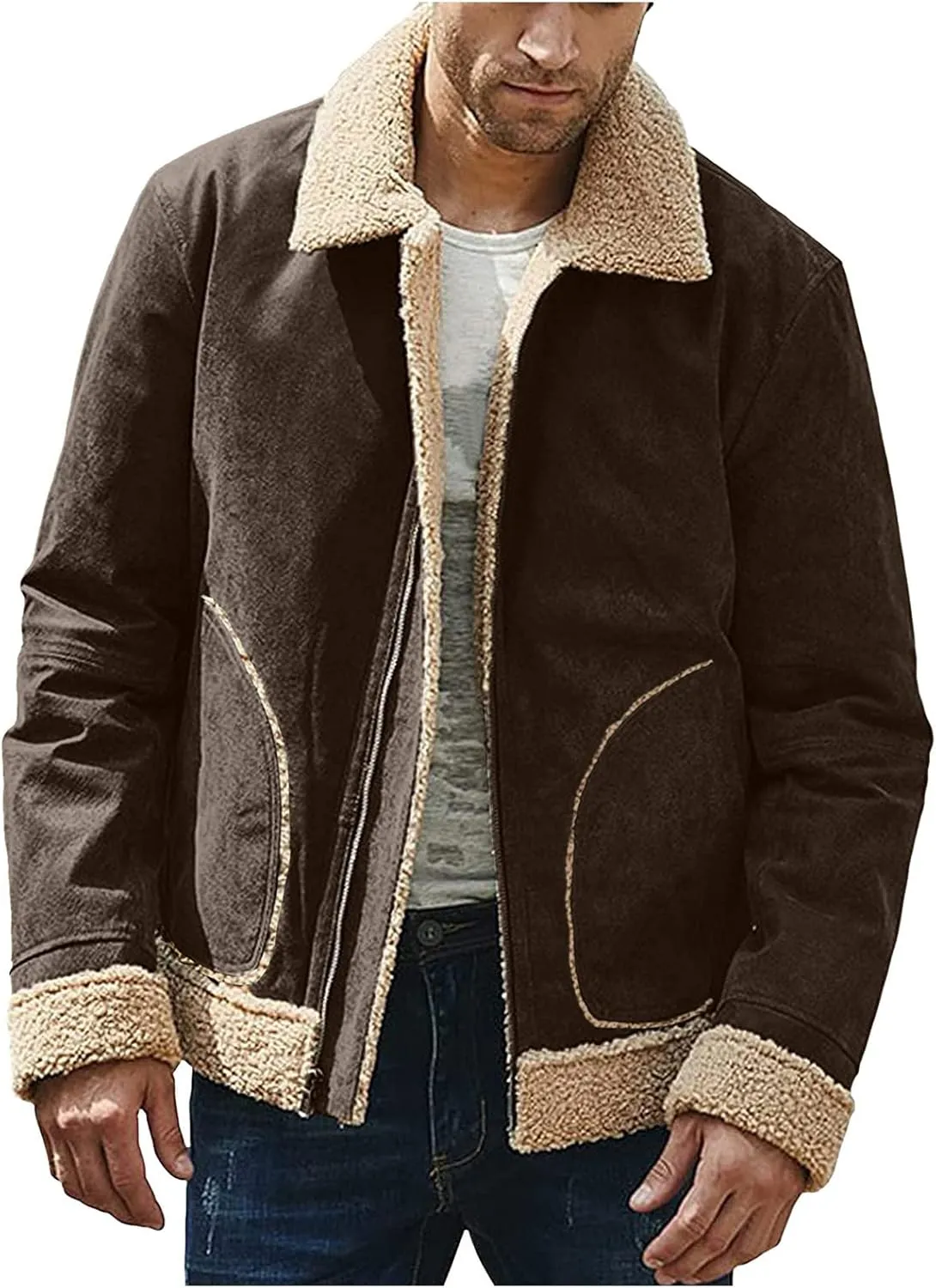 CRNTCEM Mens Shearling Sheepskin Leather Jacket Classic Brown Cotton Turn-Down Collar Sherpa Lined Warm Winter Casual Coats