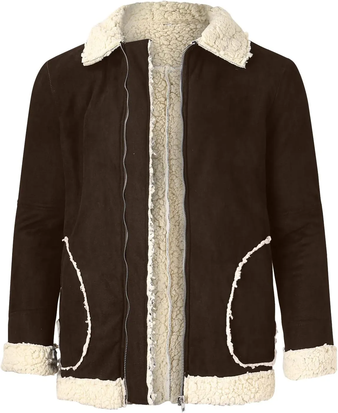 CRNTCEM Mens Shearling Sheepskin Leather Jacket Classic Brown Cotton Turn-Down Collar Sherpa Lined Warm Winter Casual Coats