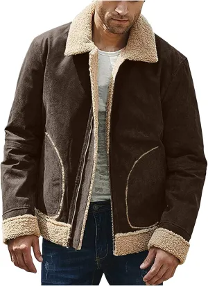 CRNTCEM Mens Shearling Sheepskin Leather Jacket Classic Brown Cotton Turn-Down Collar Sherpa Lined Warm Winter Casual Coats