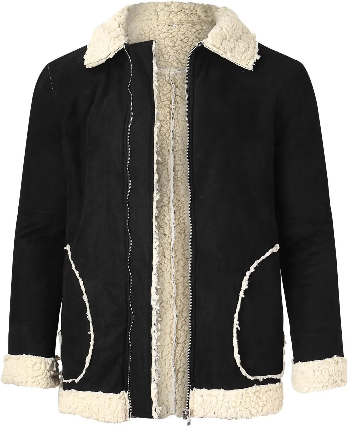 CRNTCEM Mens Shearling Sheepskin Leather Jacket Classic Brown Cotton Turn-Down Collar Sherpa Lined Warm Winter Casual Coats
