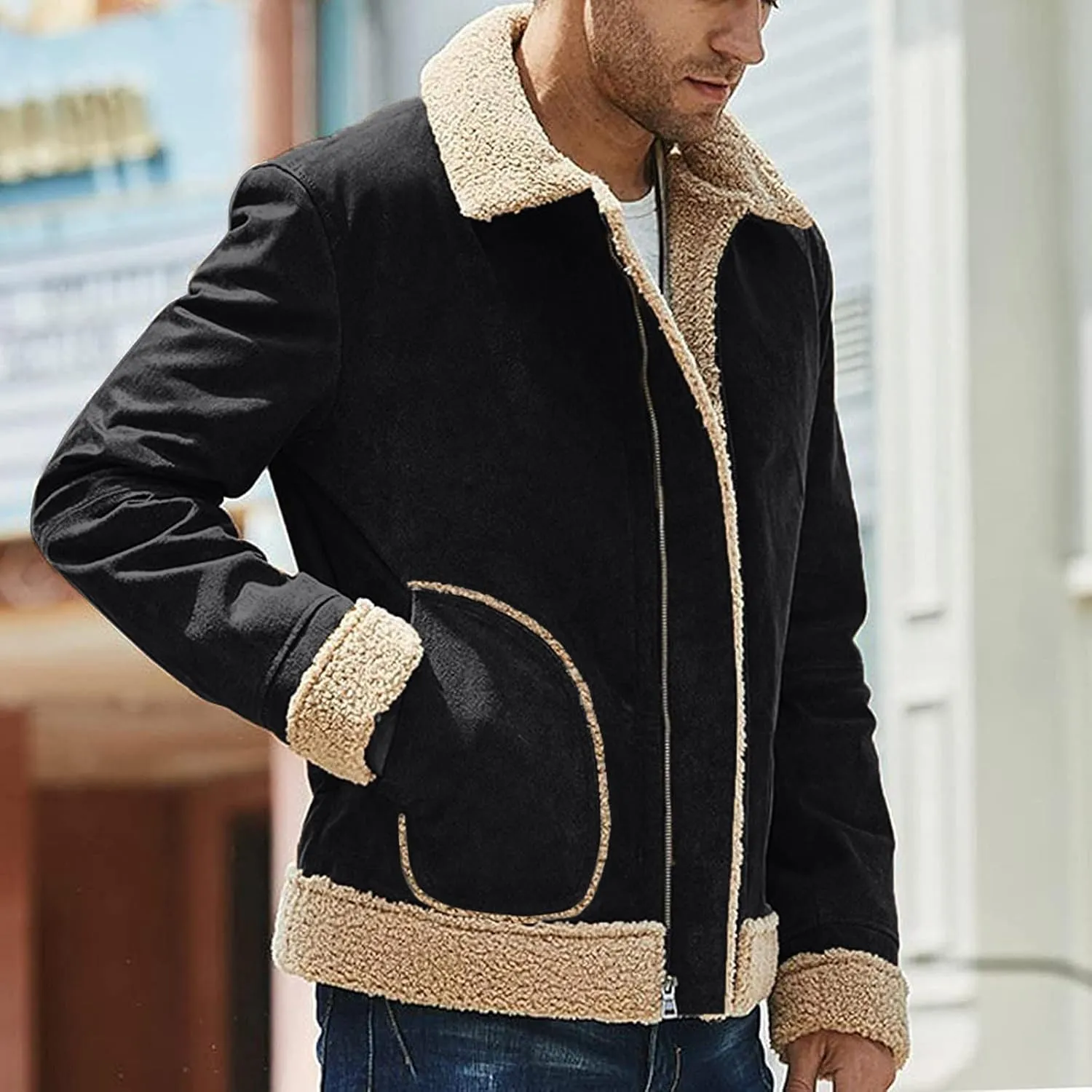 CRNTCEM Mens Shearling Sheepskin Leather Jacket Classic Brown Cotton Turn-Down Collar Sherpa Lined Warm Winter Casual Coats