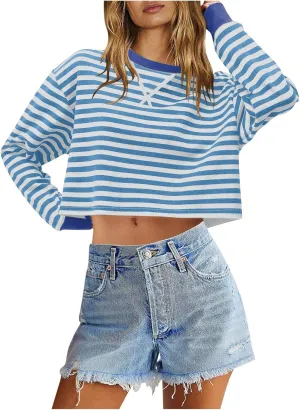 Cropped Long Sleeve Crew Neck Sweatshirt For Women 2024 Fall Fashion Striped Pullover Tops Y2K Clothes