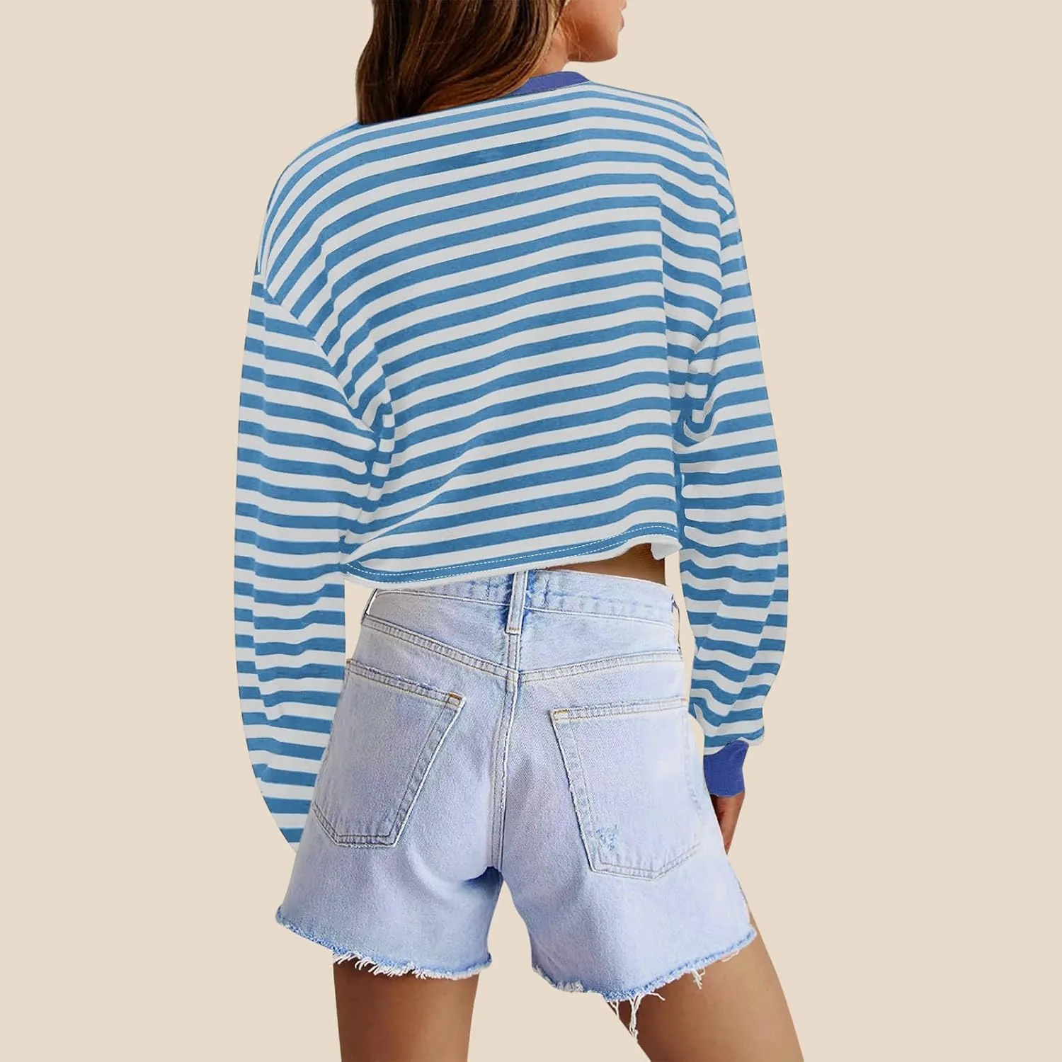 Cropped Long Sleeve Crew Neck Sweatshirt For Women 2024 Fall Fashion Striped Pullover Tops Y2K Clothes