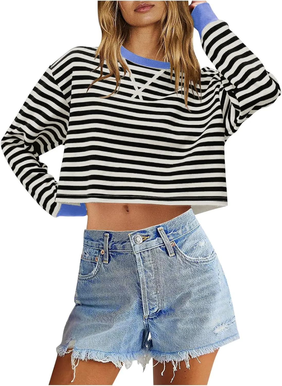 Cropped Long Sleeve Crew Neck Sweatshirt For Women 2024 Fall Fashion Striped Pullover Tops Y2K Clothes