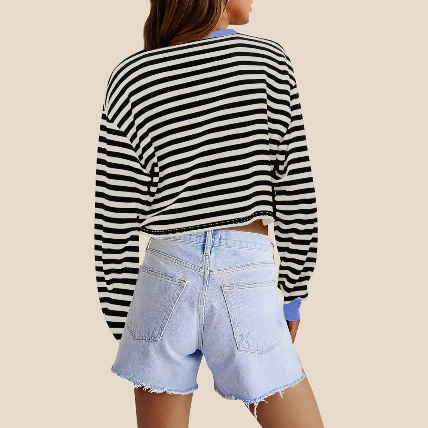 Cropped Long Sleeve Crew Neck Sweatshirt For Women 2024 Fall Fashion Striped Pullover Tops Y2K Clothes