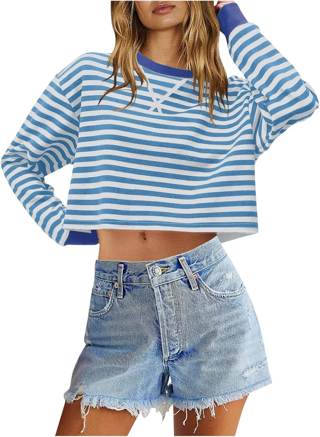 Cropped Long Sleeve Crew Neck Sweatshirt For Women 2024 Fall Fashion Striped Pullover Tops Y2K Clothes