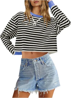 Cropped Long Sleeve Crew Neck Sweatshirt For Women 2024 Fall Fashion Striped Pullover Tops Y2K Clothes