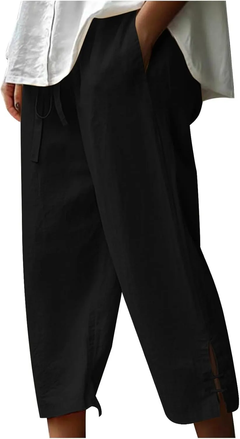 Cropped Solid Color Pants for Women Summer Fashion Height Waist Elastic Linen Trousers Pockets Straight Leg