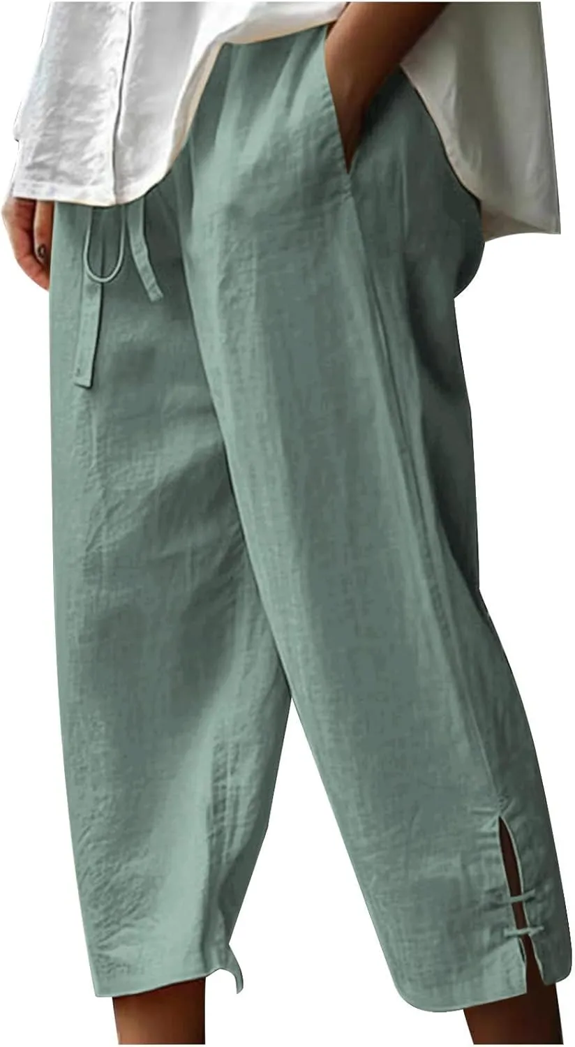 Cropped Solid Color Pants for Women Summer Fashion Height Waist Elastic Linen Trousers Pockets Straight Leg