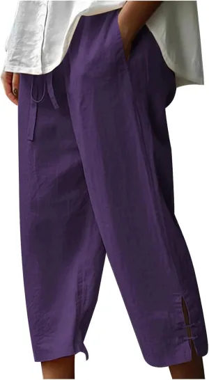 Cropped Solid Color Pants for Women Summer Fashion Height Waist Elastic Linen Trousers Pockets Straight Leg