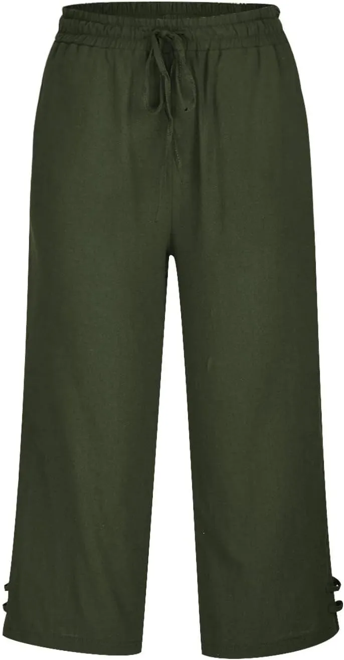 Cropped Solid Color Pants for Women Summer Fashion Height Waist Elastic Linen Trousers Pockets Straight Leg