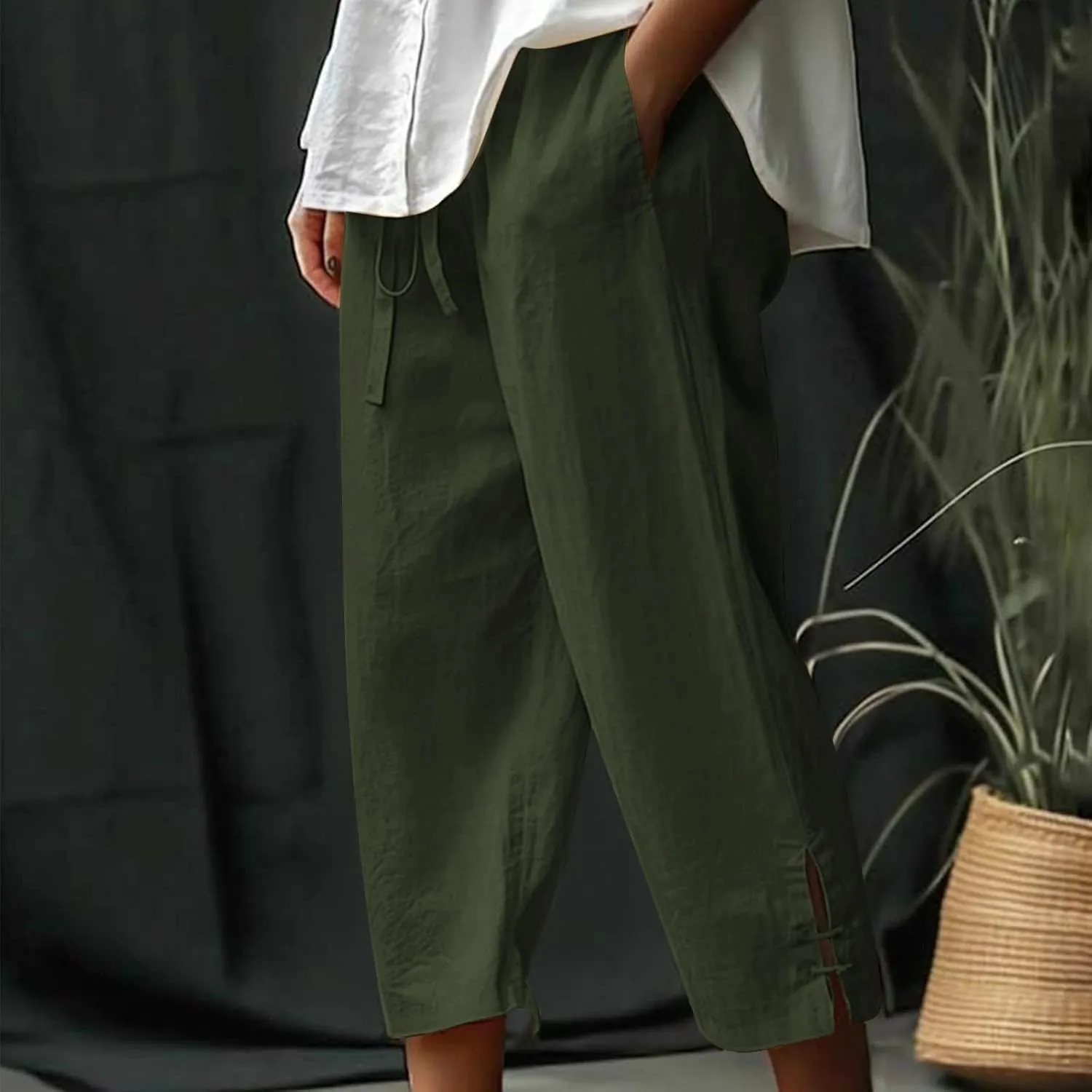 Cropped Solid Color Pants for Women Summer Fashion Height Waist Elastic Linen Trousers Pockets Straight Leg