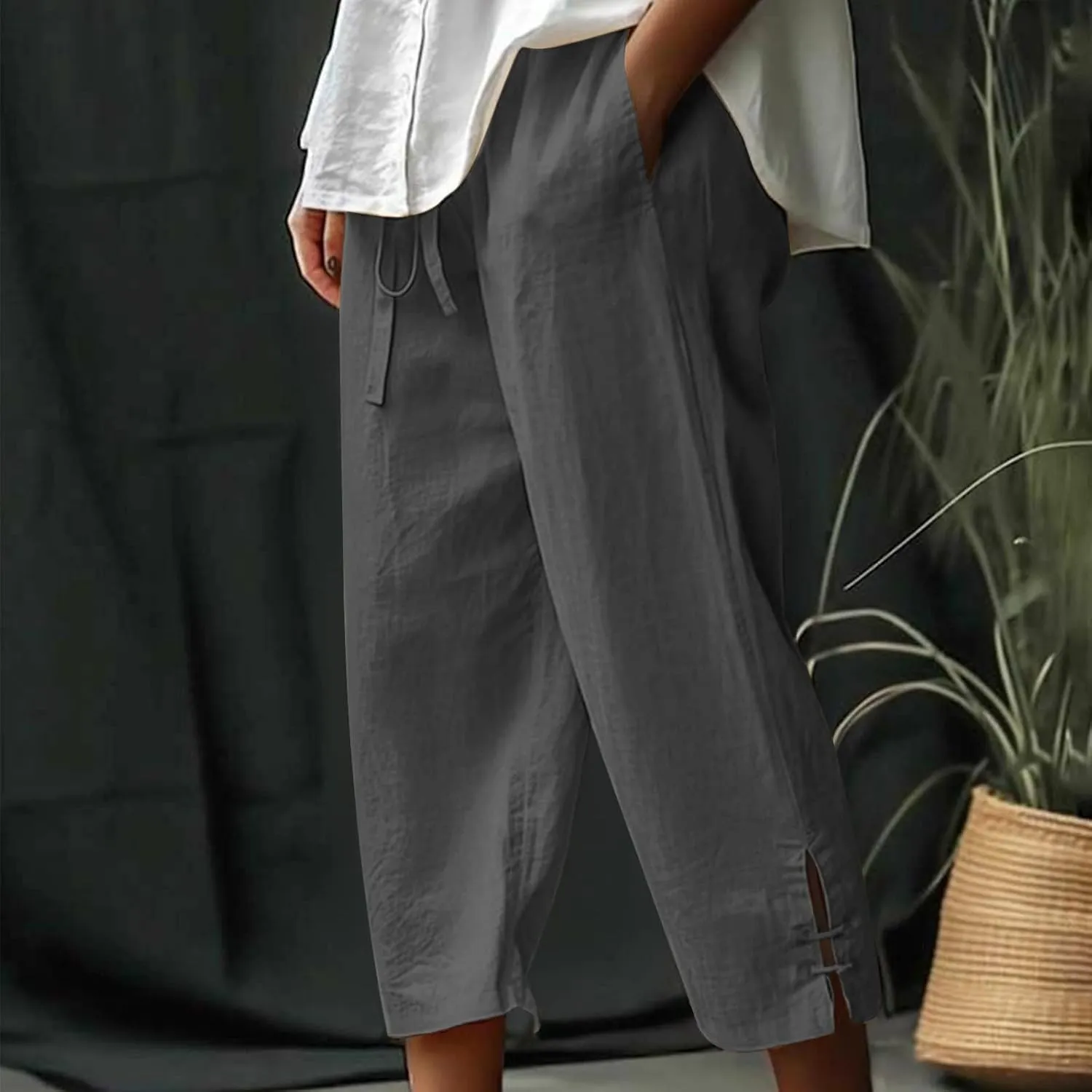 Cropped Solid Color Pants for Women Summer Fashion Height Waist Elastic Linen Trousers Pockets Straight Leg