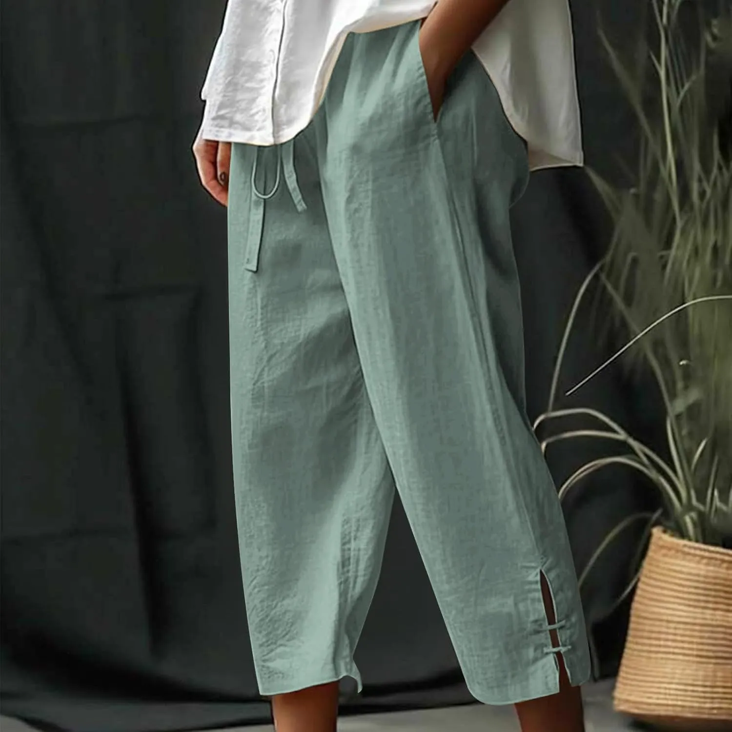 Cropped Solid Color Pants for Women Summer Fashion Height Waist Elastic Linen Trousers Pockets Straight Leg
