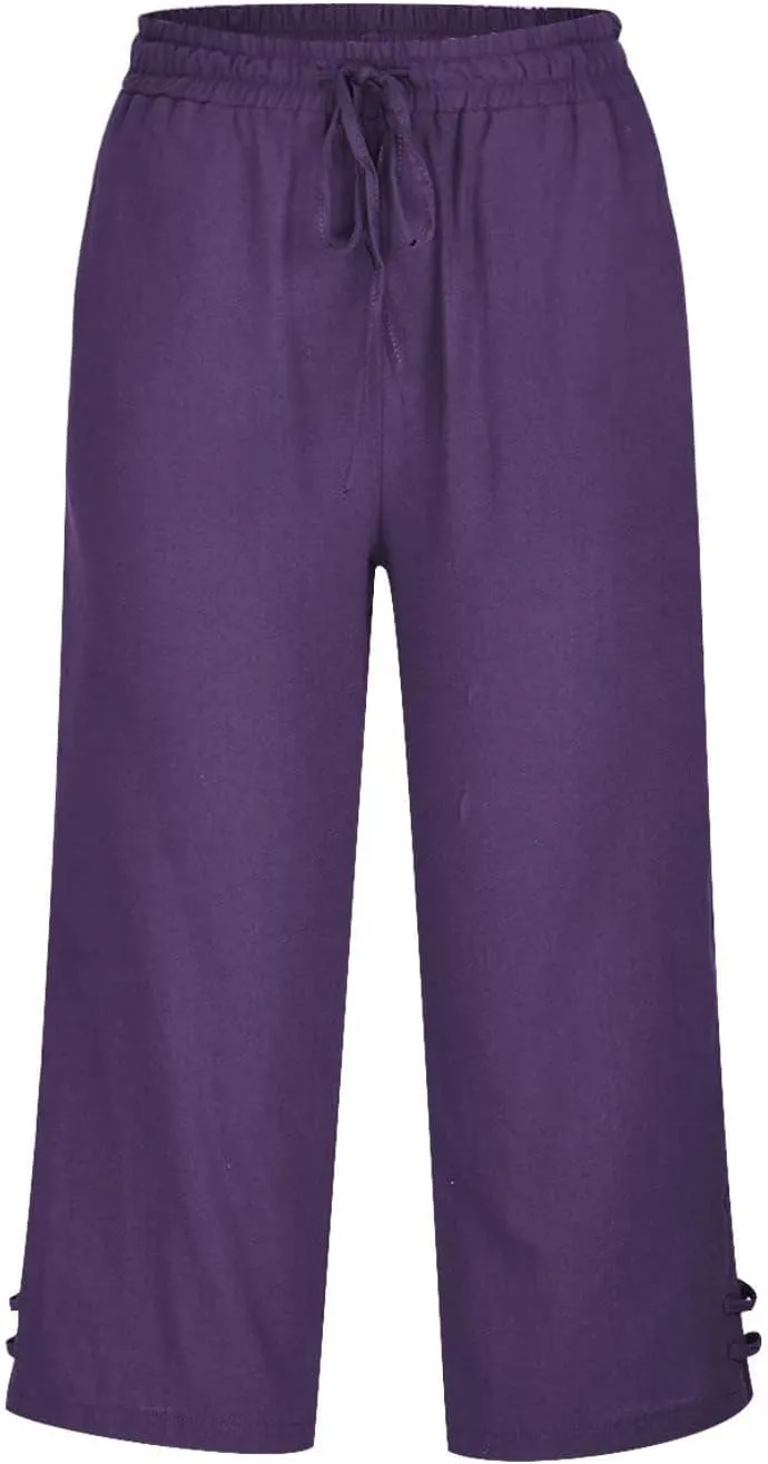 Cropped Solid Color Pants for Women Summer Fashion Height Waist Elastic Linen Trousers Pockets Straight Leg