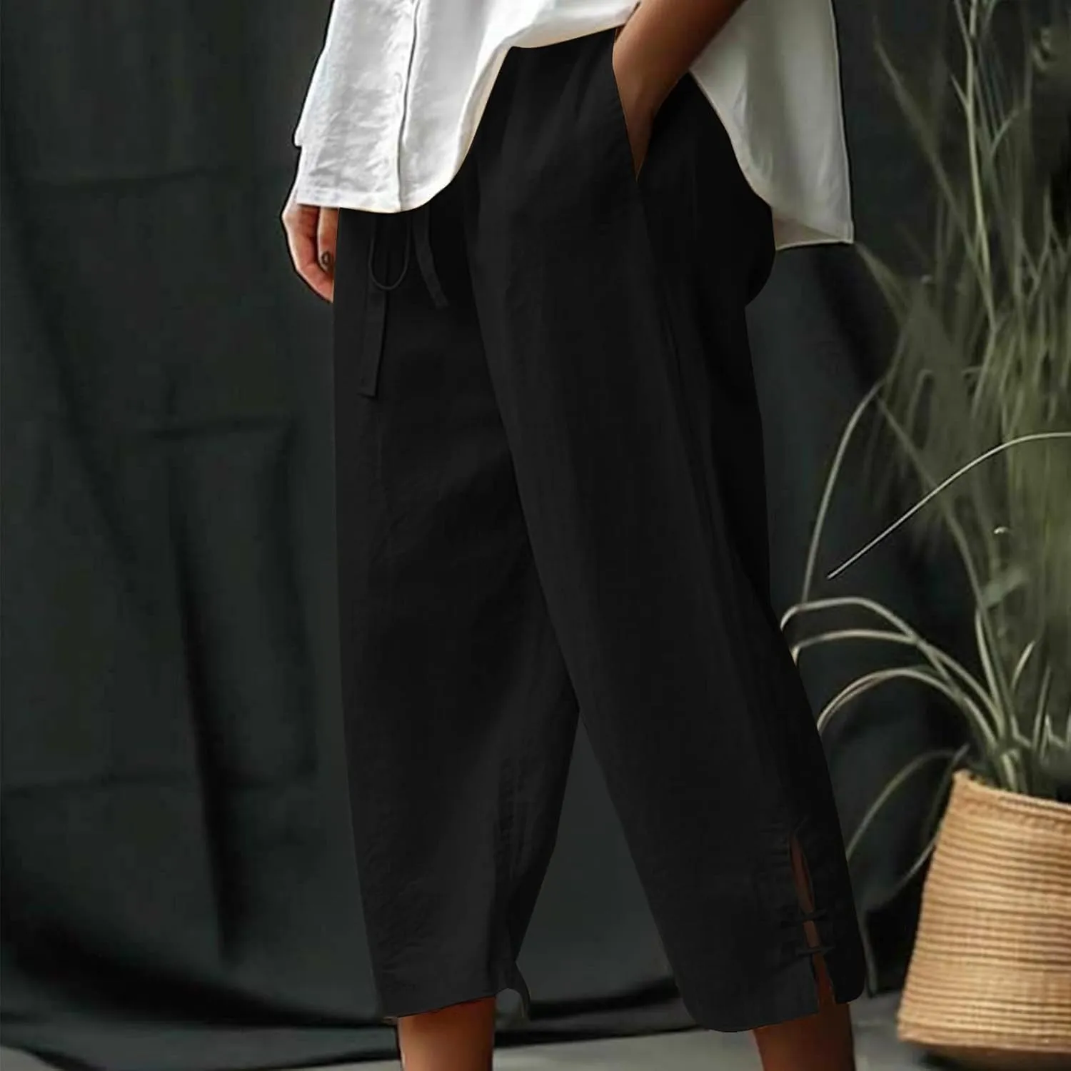 Cropped Solid Color Pants for Women Summer Fashion Height Waist Elastic Linen Trousers Pockets Straight Leg
