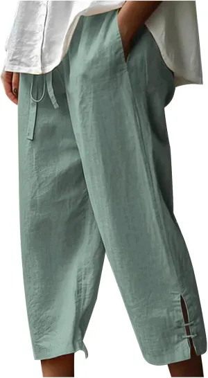 Cropped Solid Color Pants for Women Summer Fashion Height Waist Elastic Linen Trousers Pockets Straight Leg