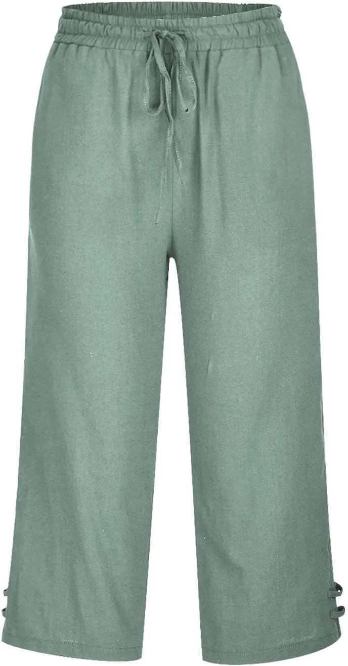 Cropped Solid Color Pants for Women Summer Fashion Height Waist Elastic Linen Trousers Pockets Straight Leg