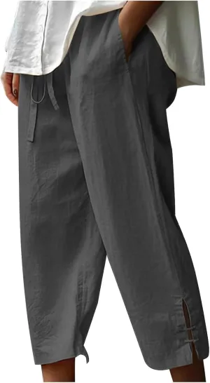 Cropped Solid Color Pants for Women Summer Fashion Height Waist Elastic Linen Trousers Pockets Straight Leg