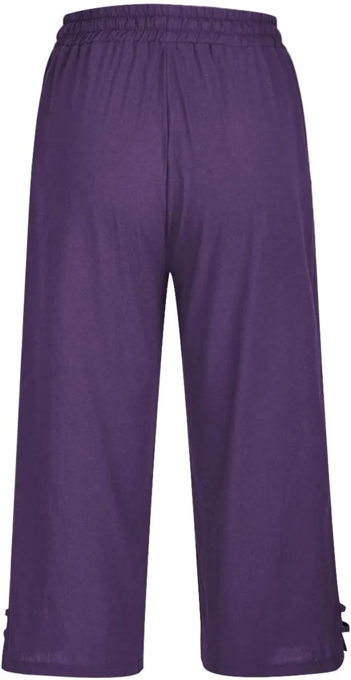 Cropped Solid Color Pants for Women Summer Fashion Height Waist Elastic Linen Trousers Pockets Straight Leg