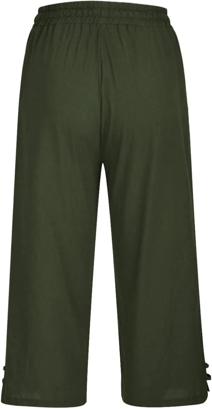 Cropped Solid Color Pants for Women Summer Fashion Height Waist Elastic Linen Trousers Pockets Straight Leg
