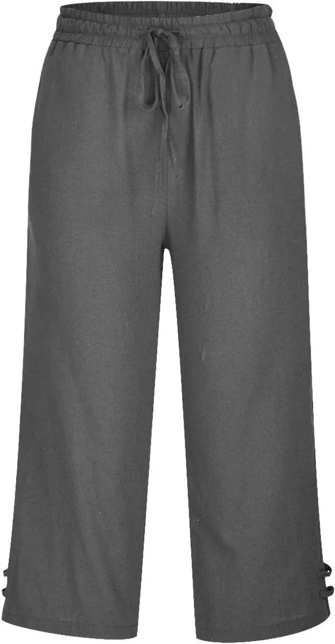 Cropped Solid Color Pants for Women Summer Fashion Height Waist Elastic Linen Trousers Pockets Straight Leg