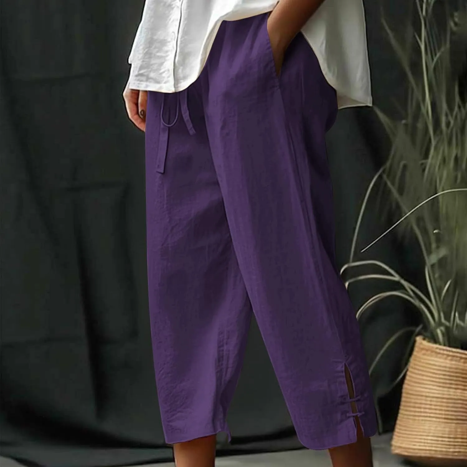 Cropped Solid Color Pants for Women Summer Fashion Height Waist Elastic Linen Trousers Pockets Straight Leg